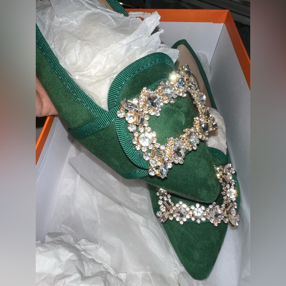 VICI Vanderpump Chase + Chloe Suede Emerald Flats with Crystal Buckle 6.5 - Picture 2 of 5
